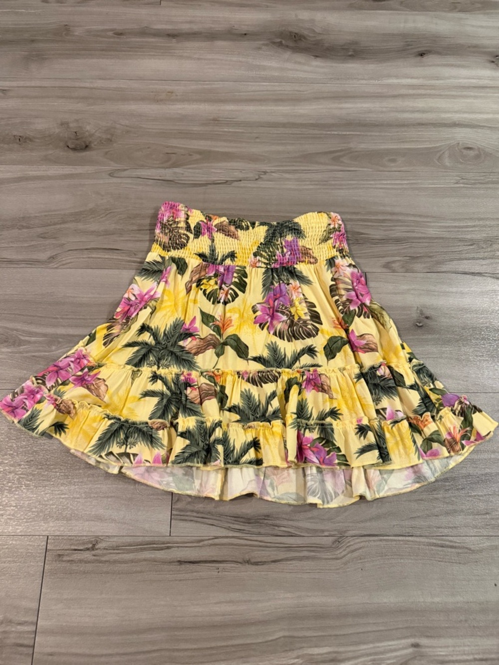 Banana Moon - Yellow Tropical Floral Smocked Waist Tiered Mini Skirt